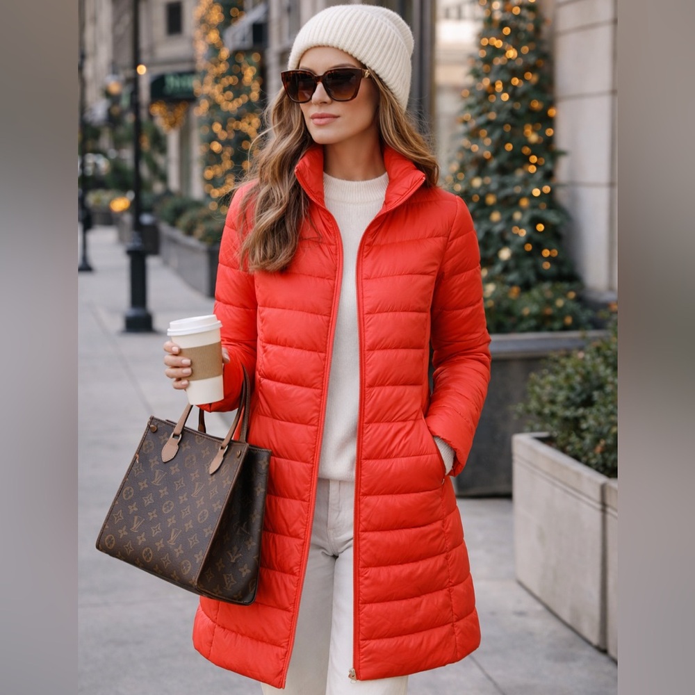 Talbots Reversible Down Puffer Coat Petite Small Coral Red Long Jacket